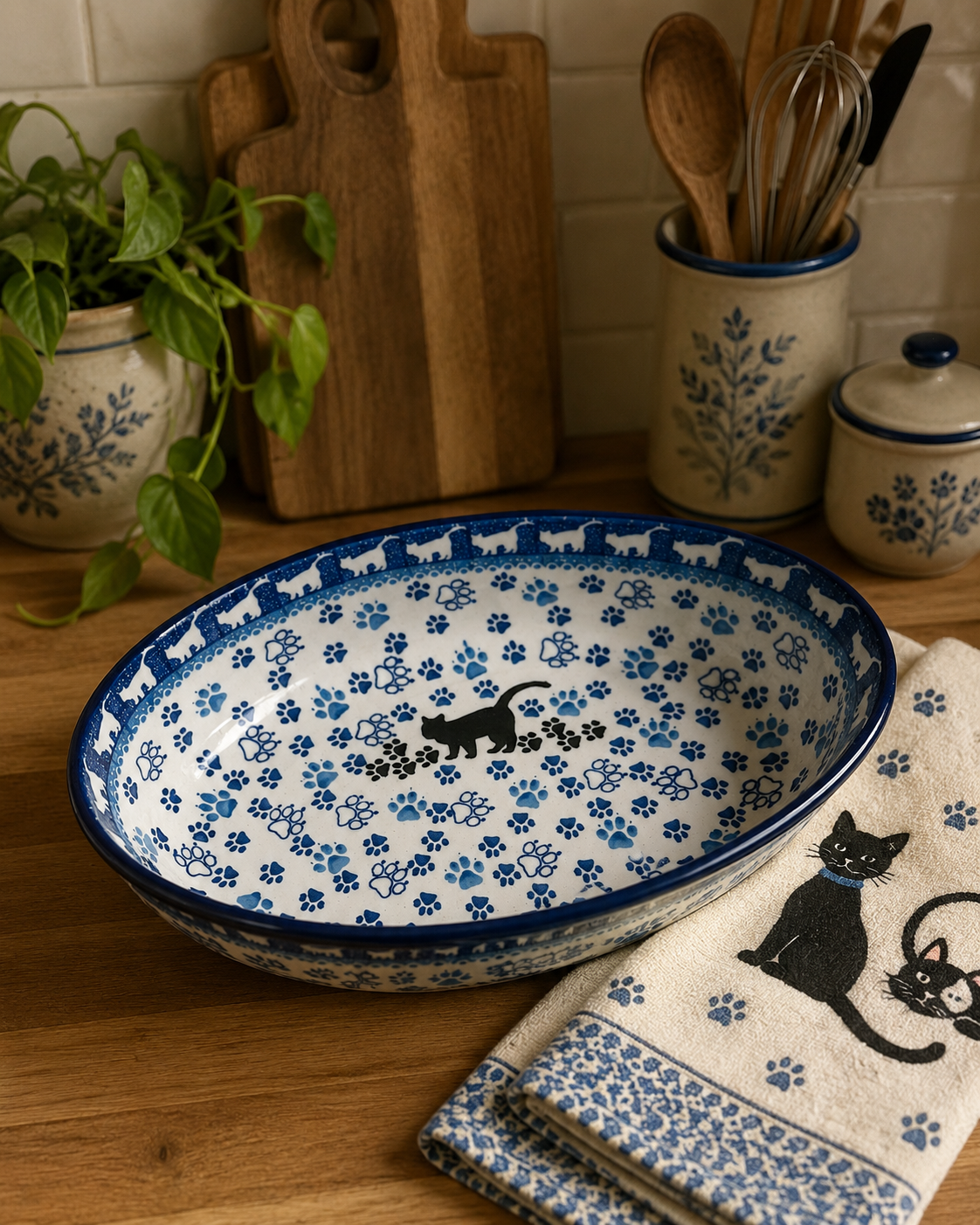 Polish Pottery Oval Baker - Traditional Black Cat