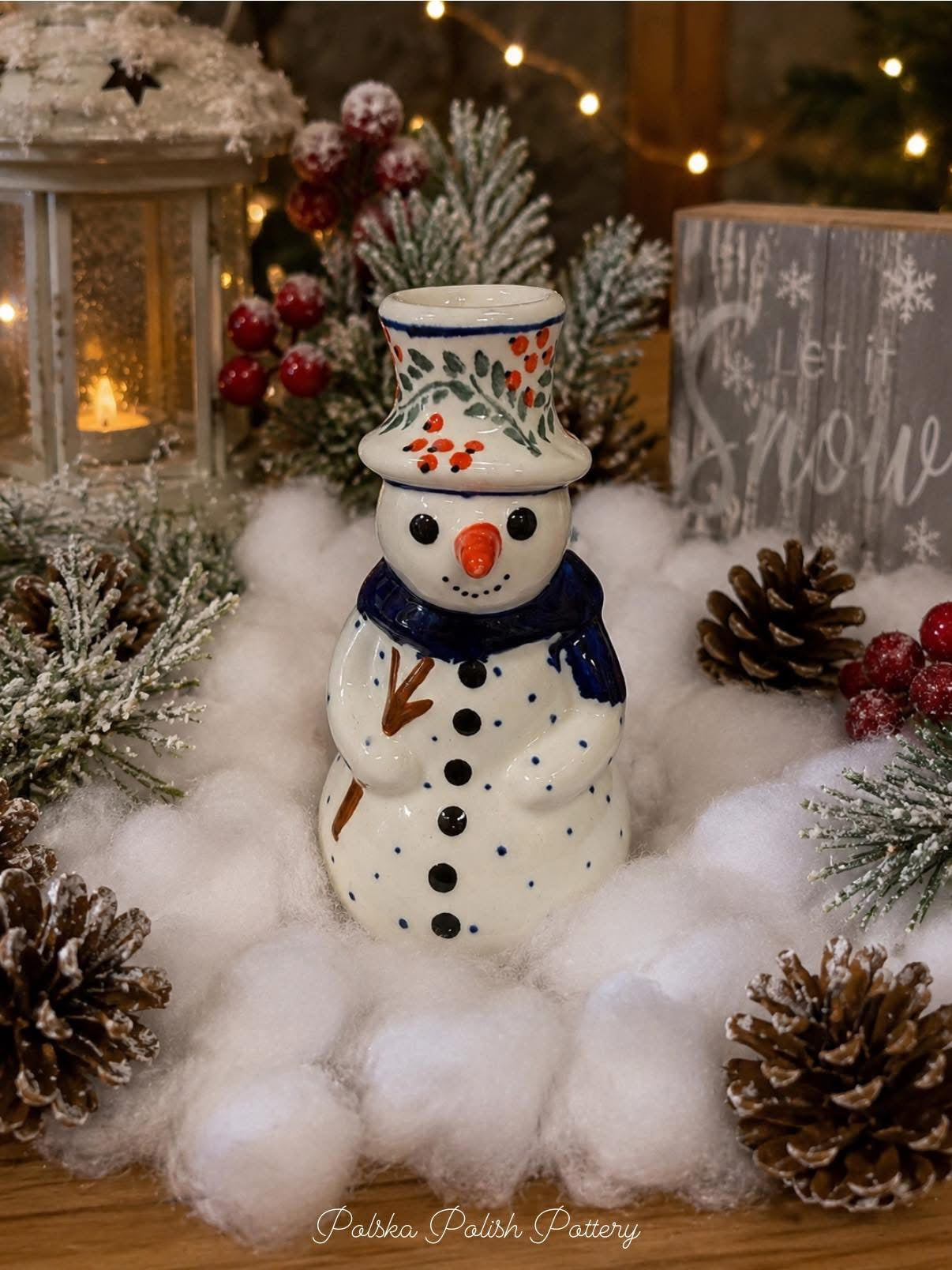 Polish Pottery Snowman Candleholder Figurine