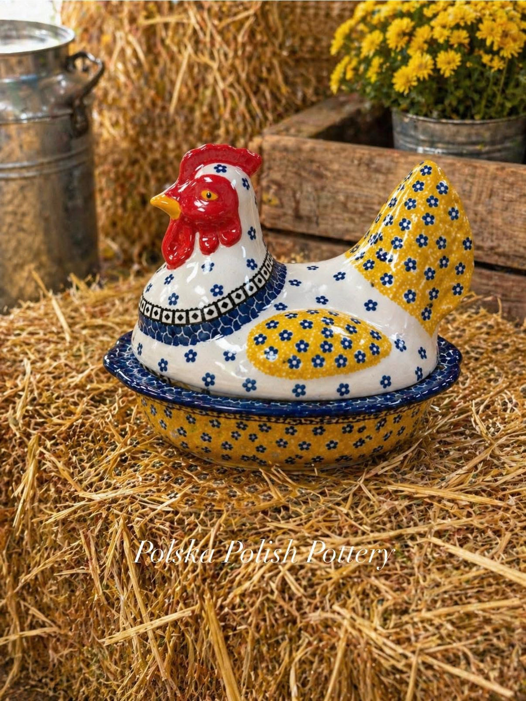 Polish Pottery Traditional(Yellow/Blue) Chicken Baker