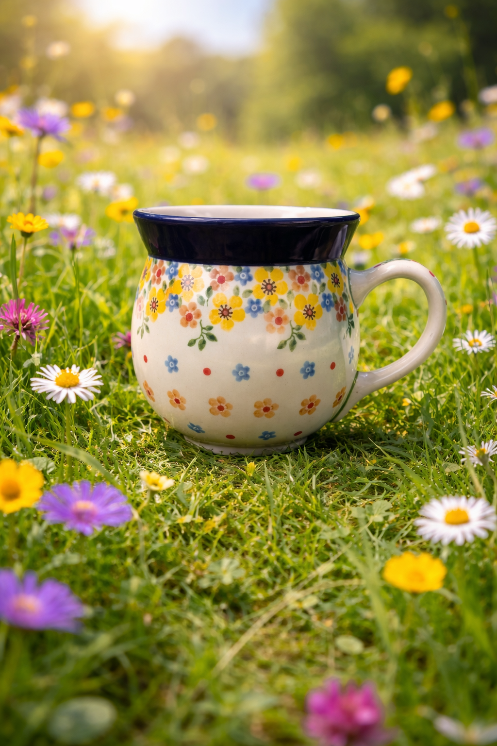 Polish Pottery Bubble Mug – Traditional Yellow Flowers – 16 oz
