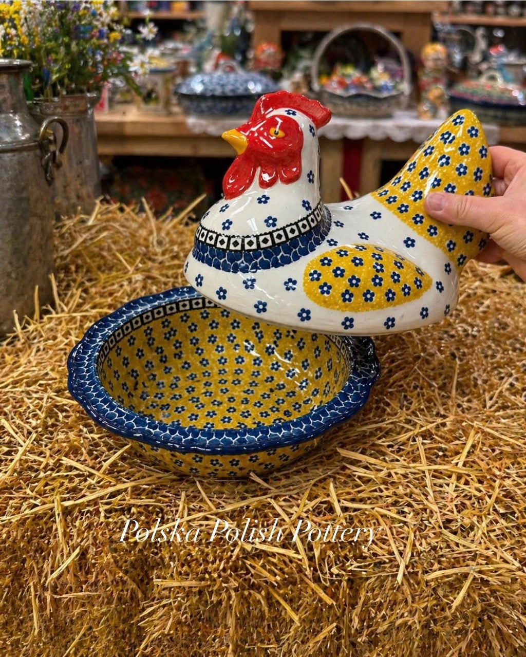 Polish Pottery Traditional(Yellow/Blue) Chicken Baker