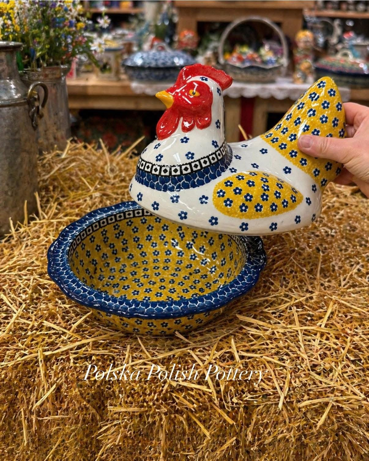 Polish Pottery Traditional(Yellow/Blue) Chicken Baker