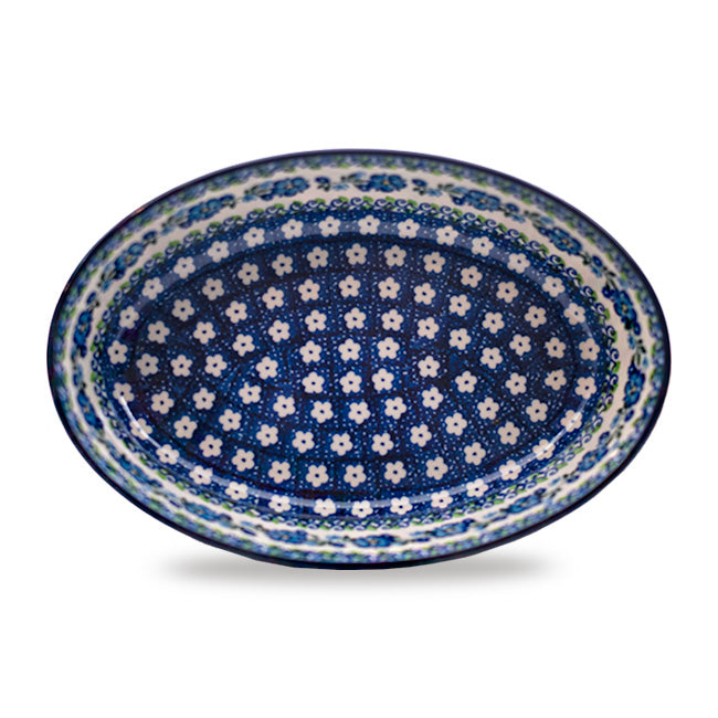 Polish Pottery Traditional Blue Vine Flwr Oval Baker