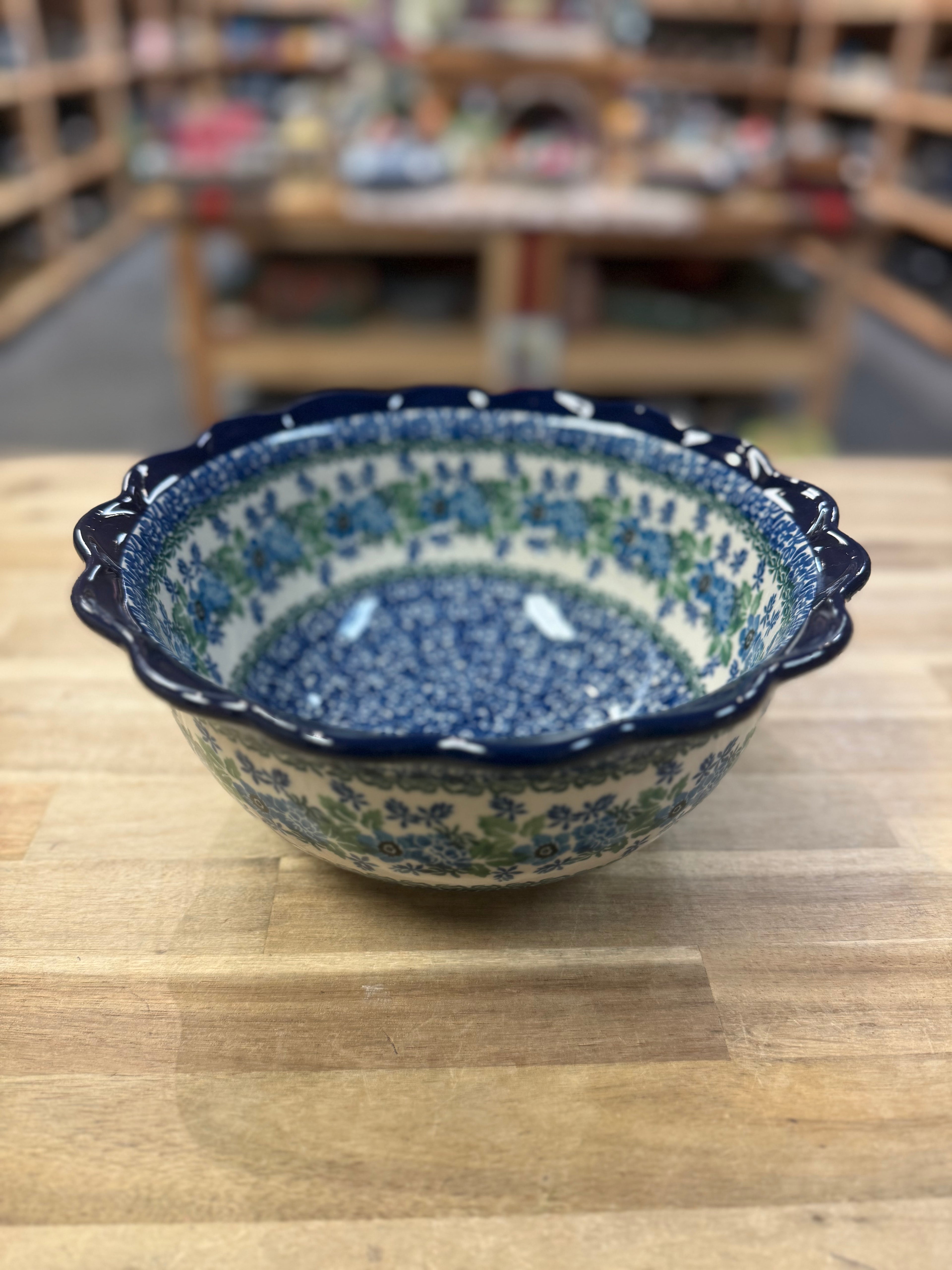 Polish Pottery Sculpted Edge Bowl - Traditional Blue Flowers