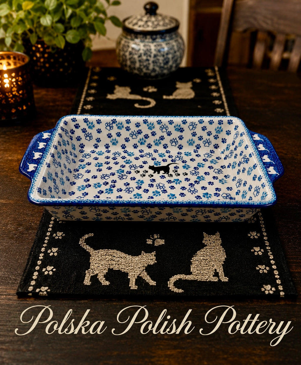 Polish Pottery Rectangle Baker - Traditional Black Cat
