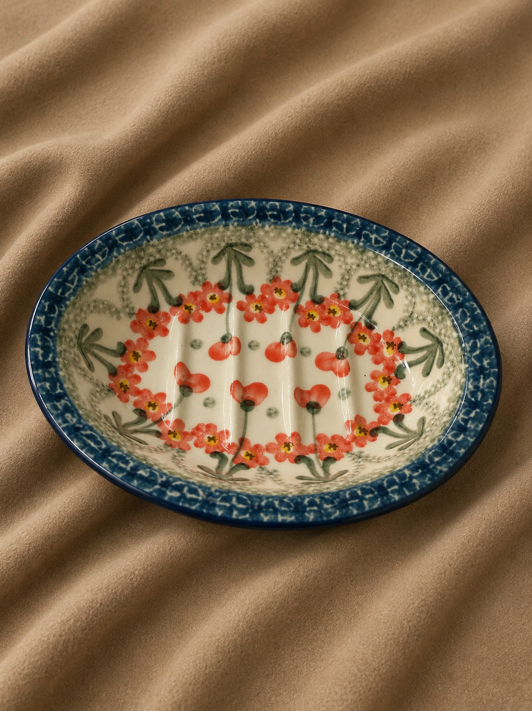Polish Pottery Soap Dish - Traditional Peach Hearts