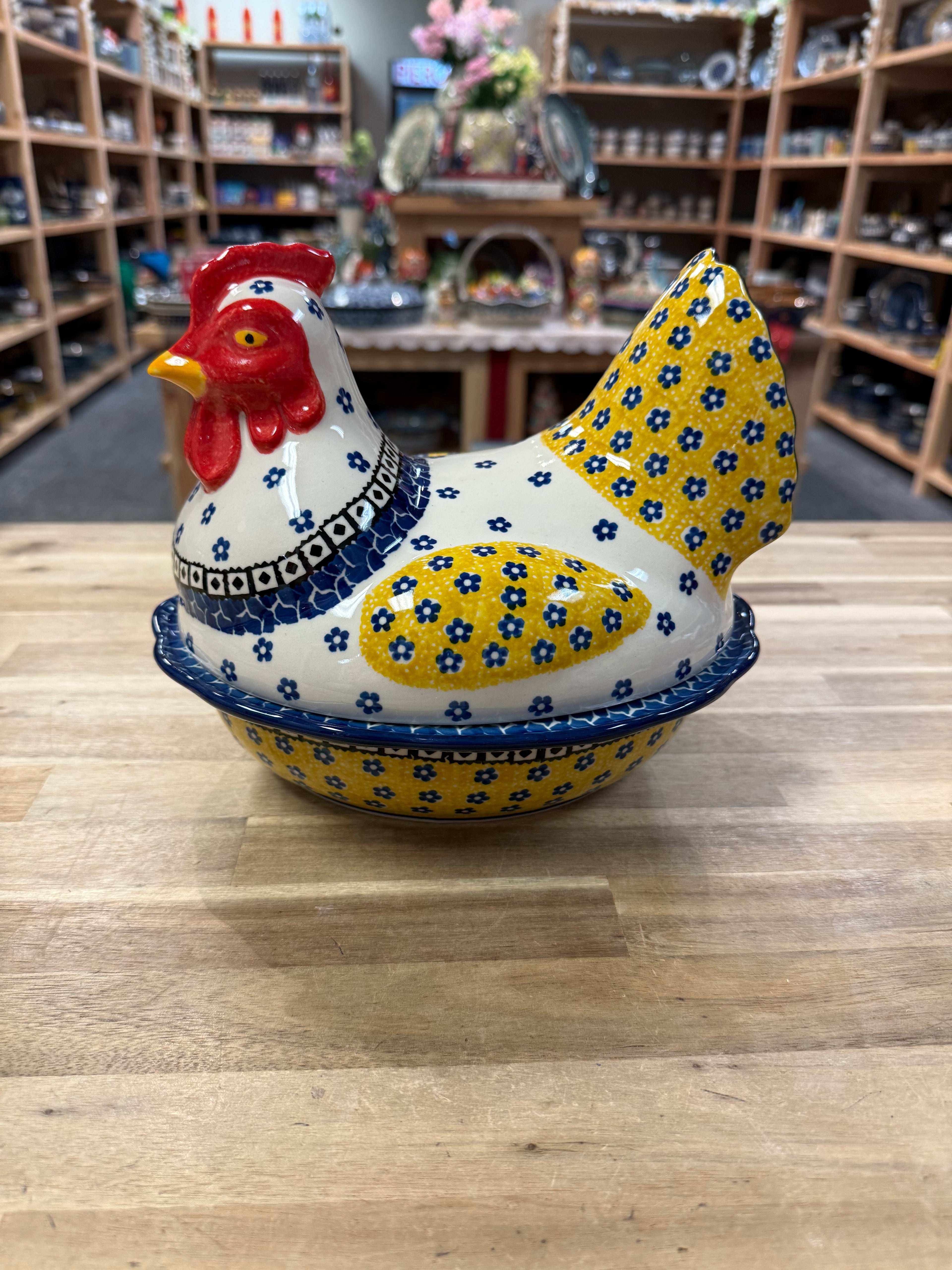 Polish Pottery Traditional(Yellow/Blue) Chicken Baker