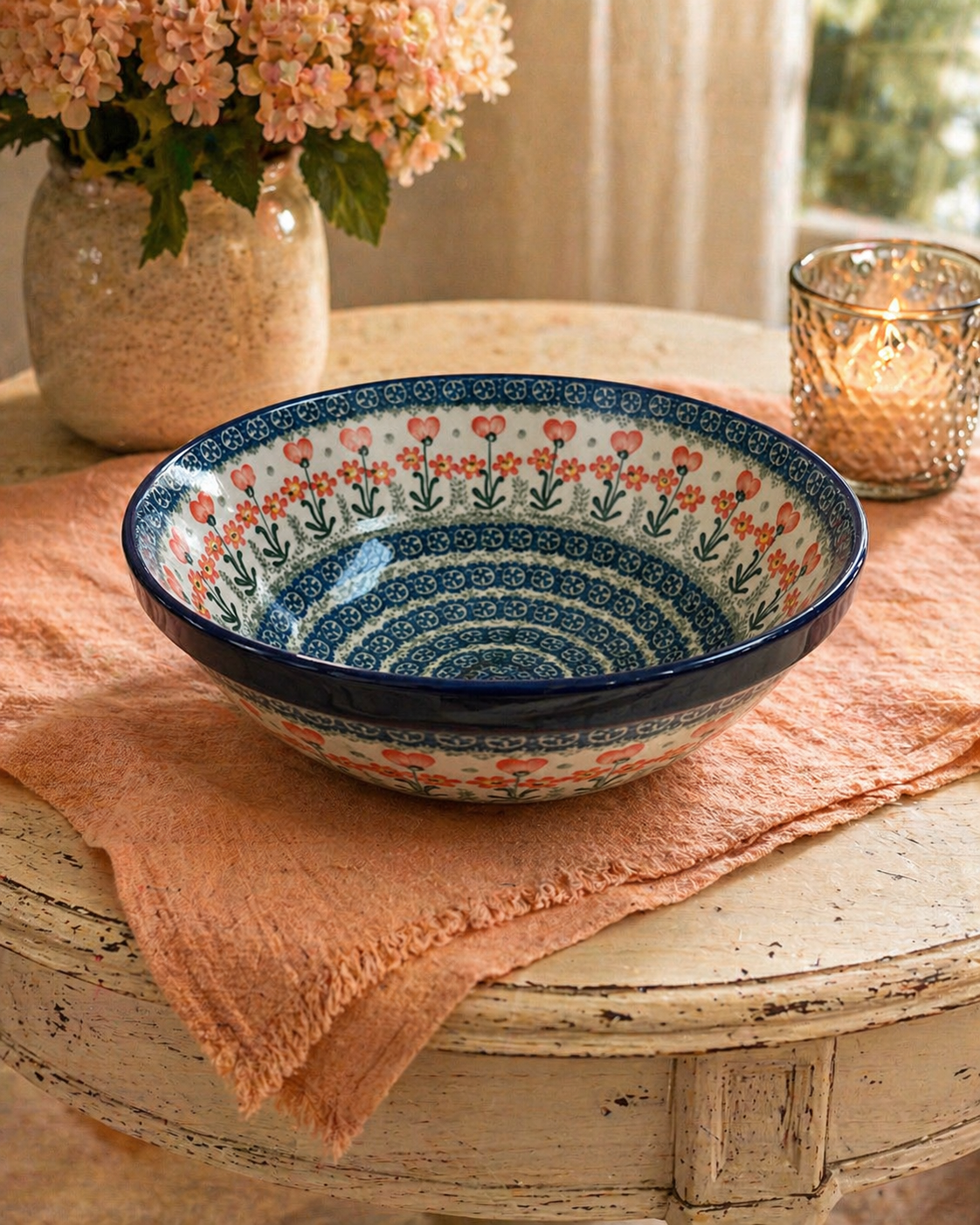 Polish Pottery Traditional(Peach Hearts) Medium Mix Bowl