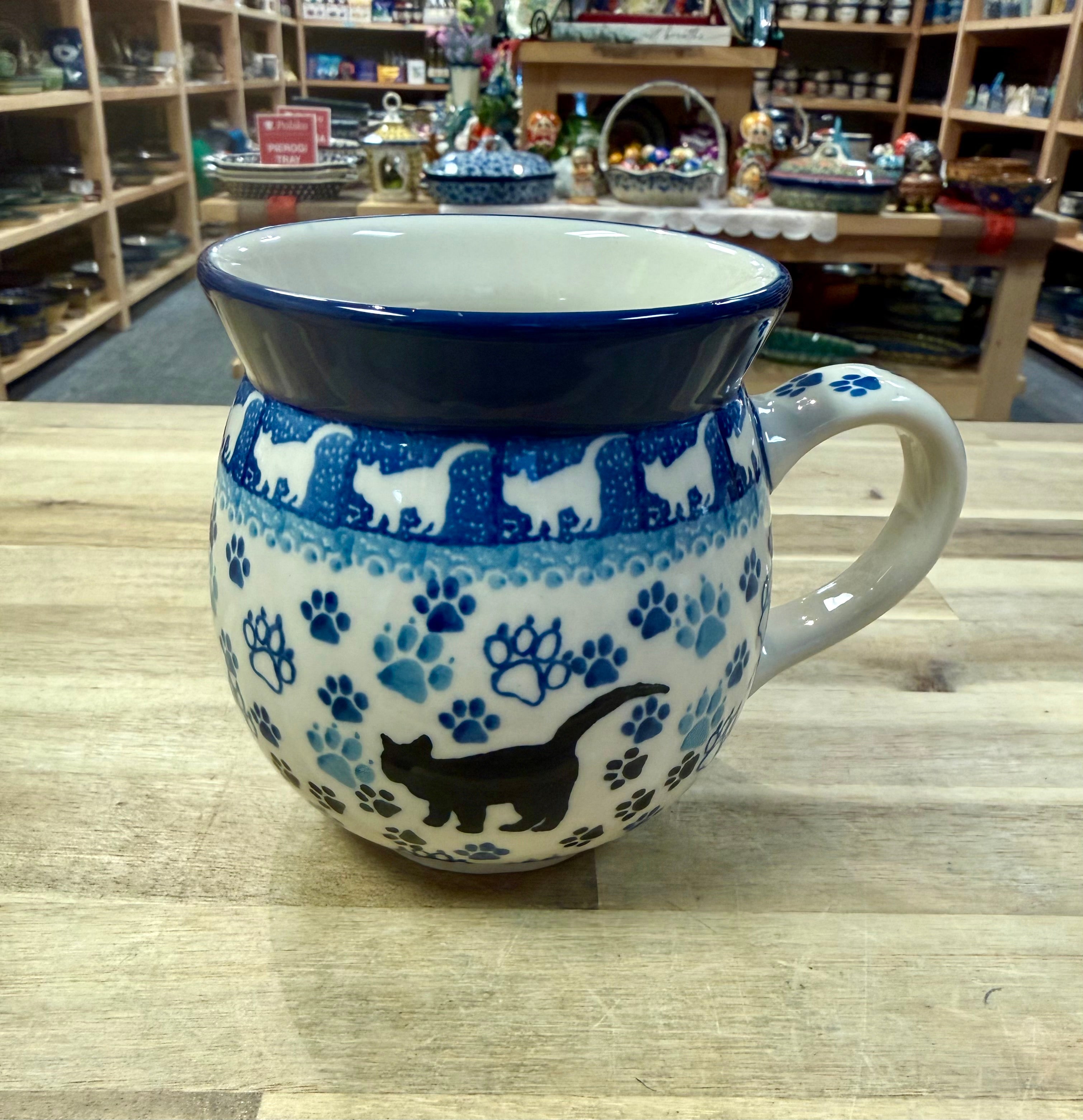 Polish Pottery Bubble Mug – Traditional Black Cat – 16 oz