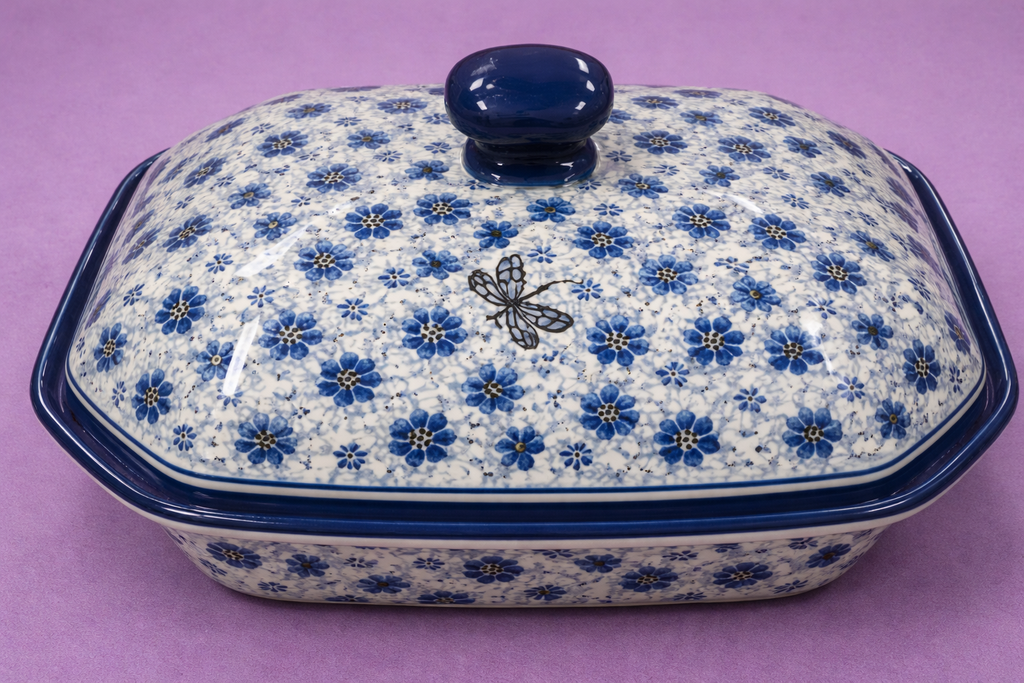 Polish Pottery Traditional(Blue Dragonfly) Rectangle Baker w/ Lid