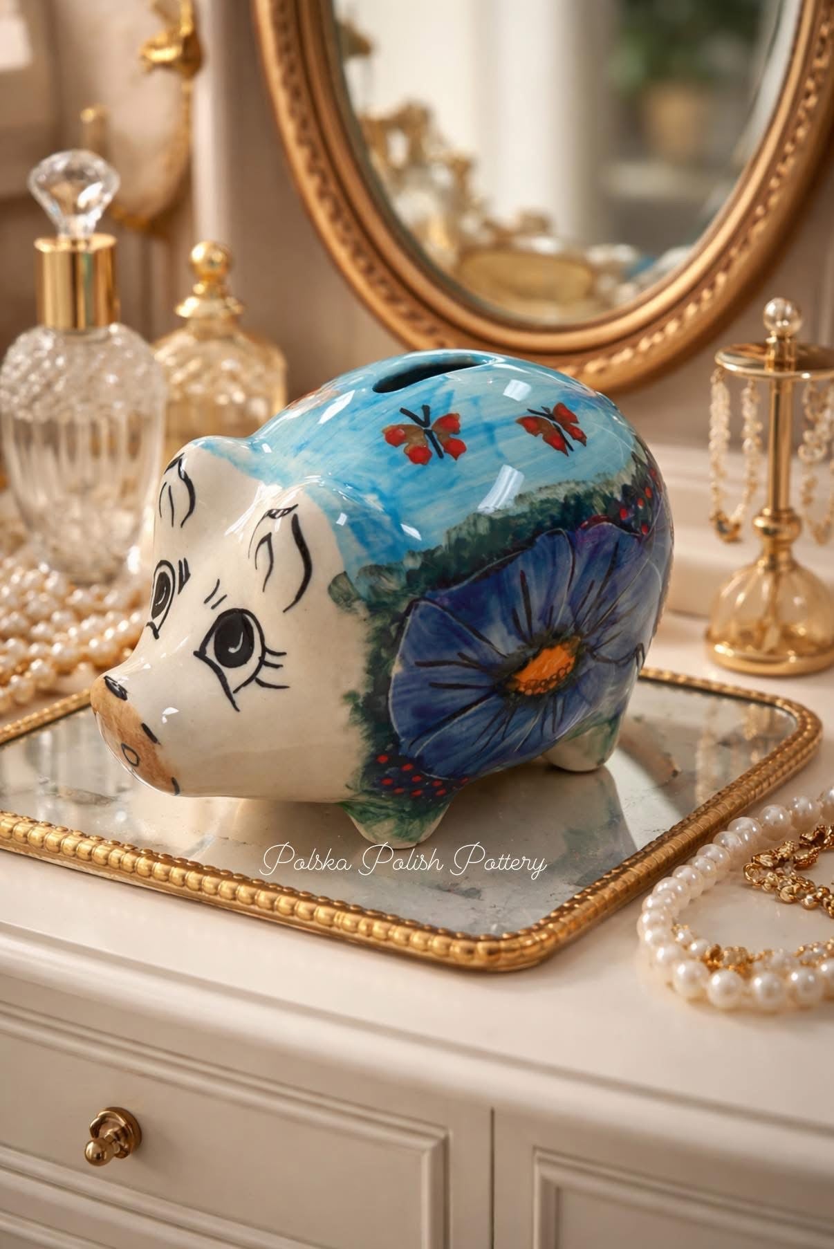 Polish Pottery Piggy Bank- Unikat Blue Poppies with Light Blue