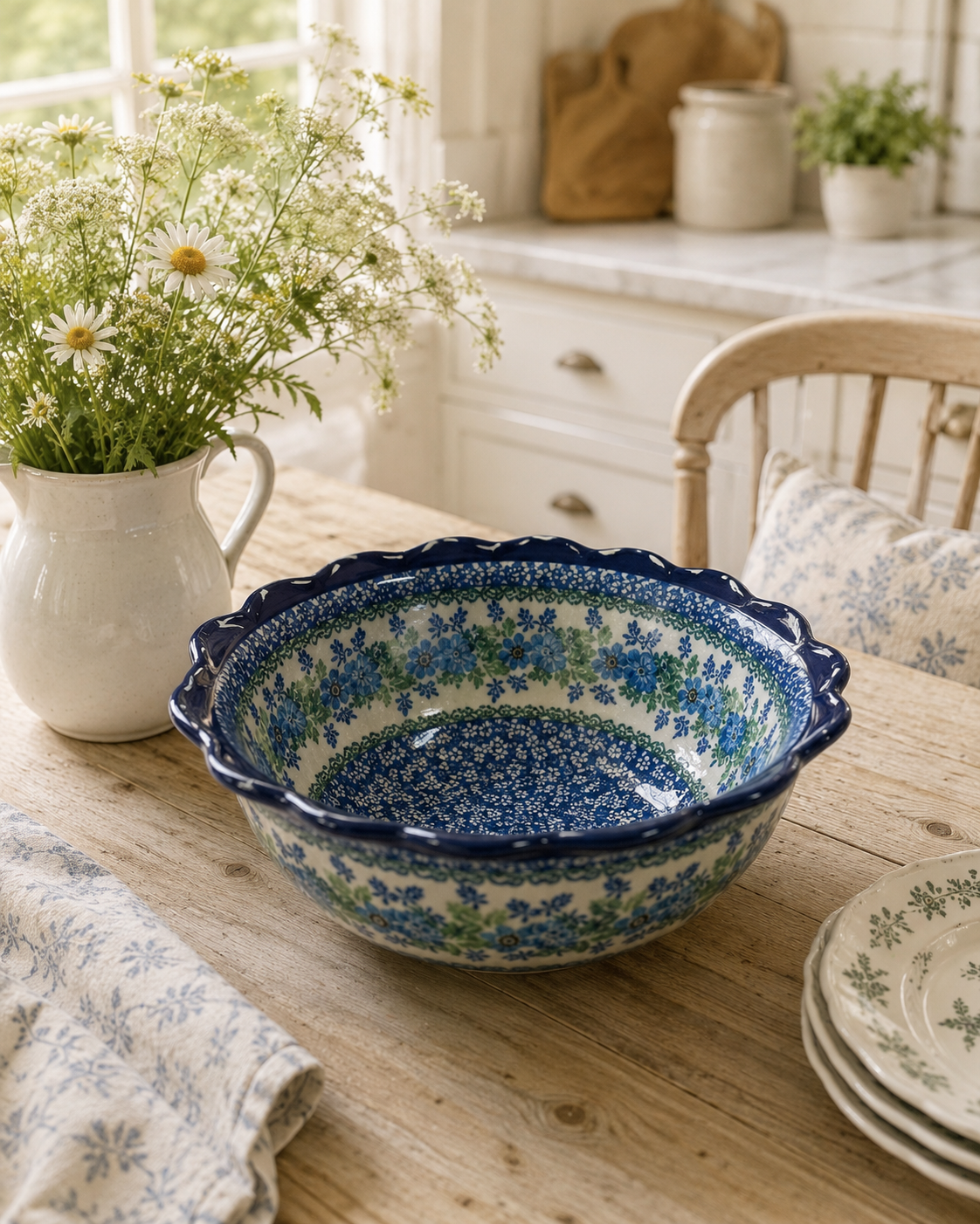 Polish Pottery Sculpted Edge Bowl - Traditional Blue Flowers