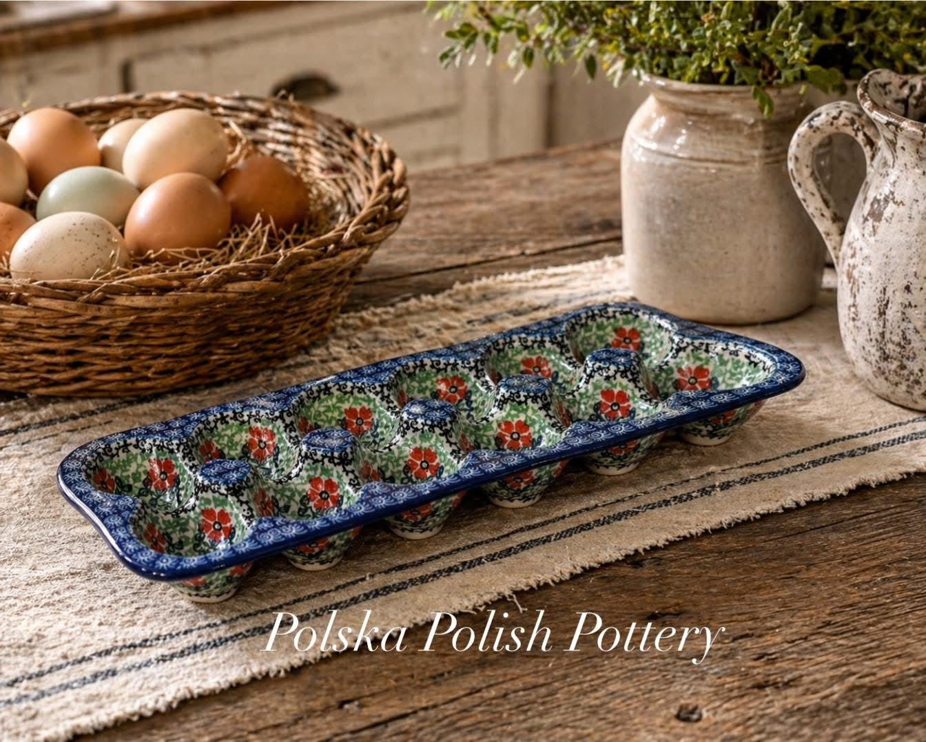 Polish Pottery Traditional(Red Flowers) Egg Crate
