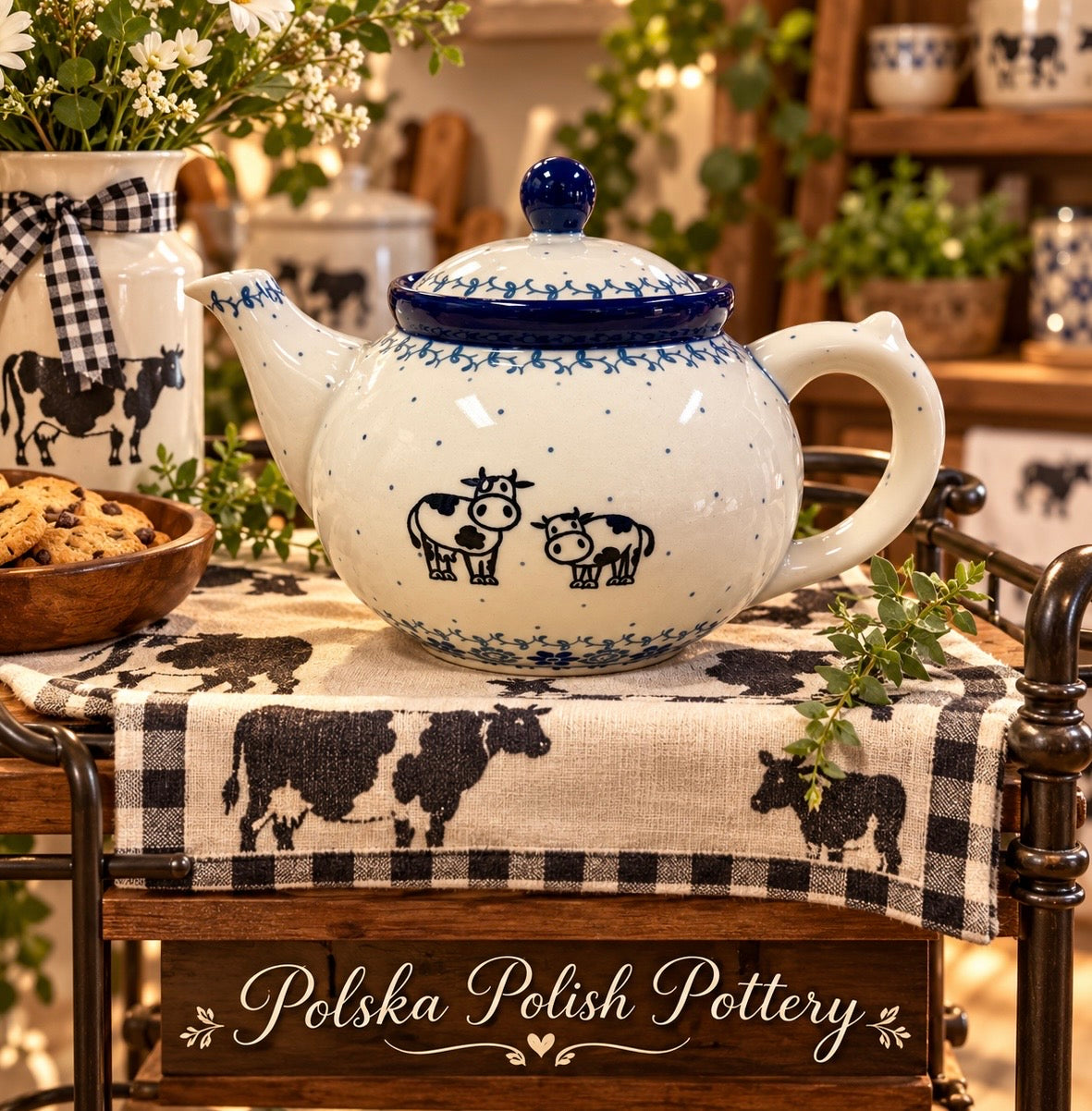 Polish Pottery Tea Pot - Traditional Cow Pattern