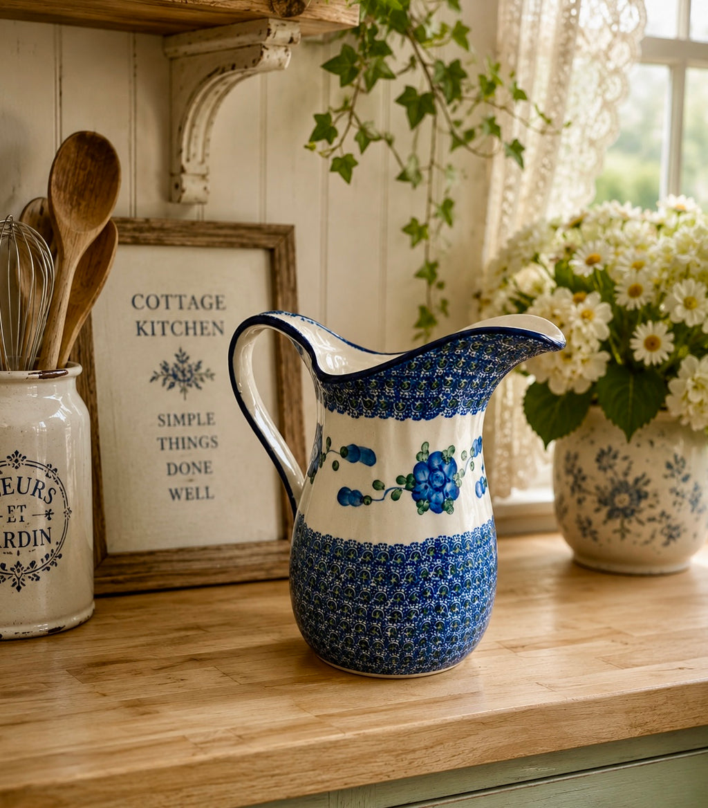 Polish Pottery Pitcher - Traditional Blueberry Flower