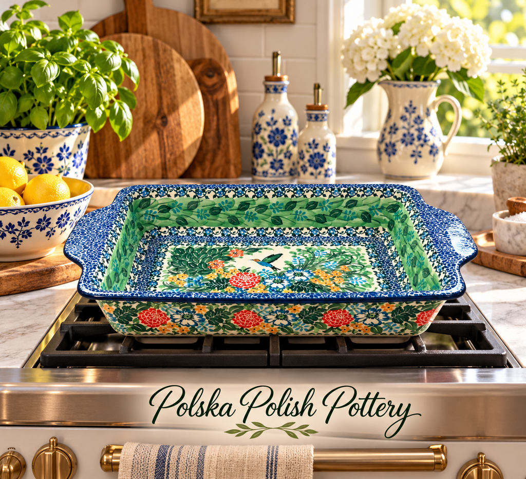 Polish Pottery Rectangle Baker - Unikat 3271 Hummingbird