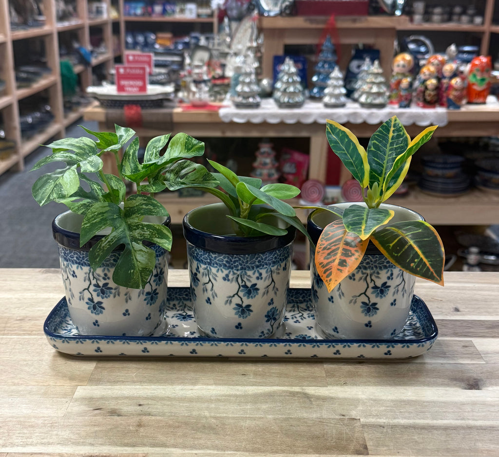 Polish Pottery Blue Sprig Trio Planters/Tray Set