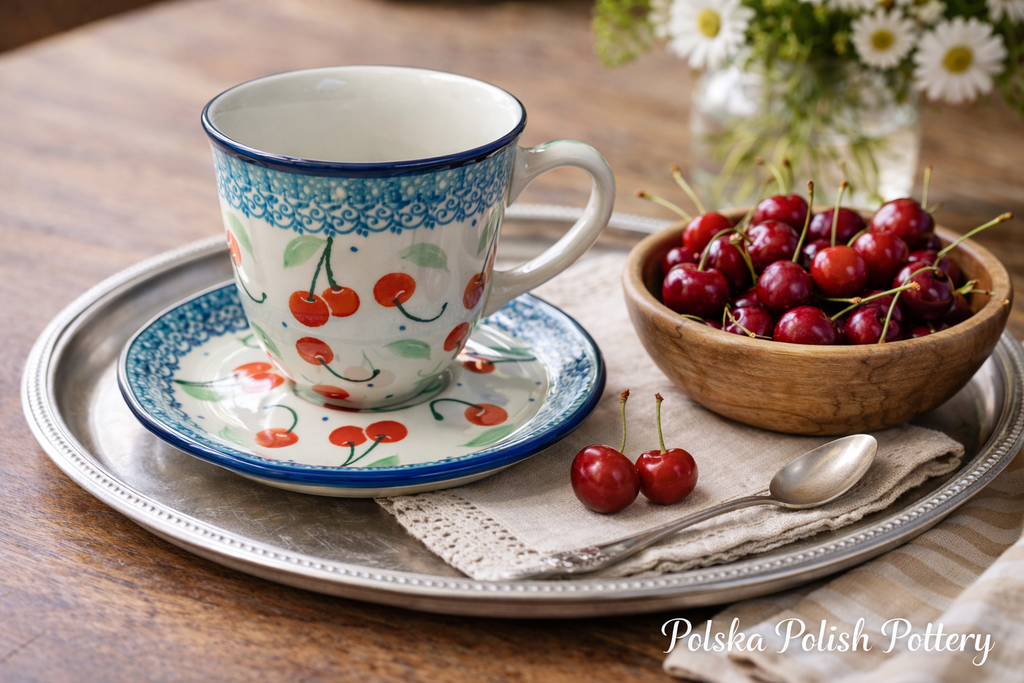 Polish Pottery Traditional(Cherries) Teacup & Saucer