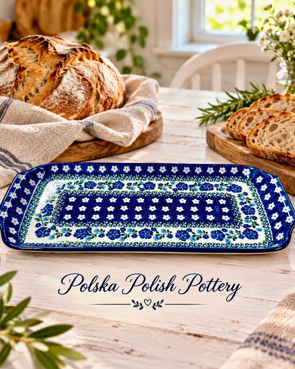 Polish Pottery Bread Tray - Traditional Blue Flower Vine