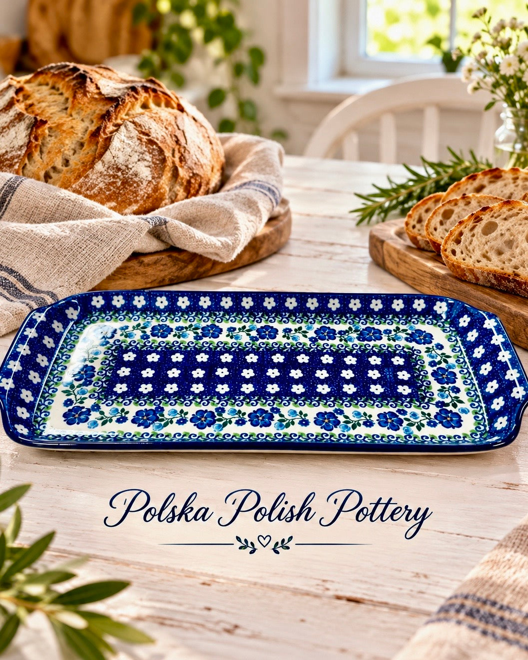 Polish Pottery Bread Tray - Traditional Blue Flower Vine
