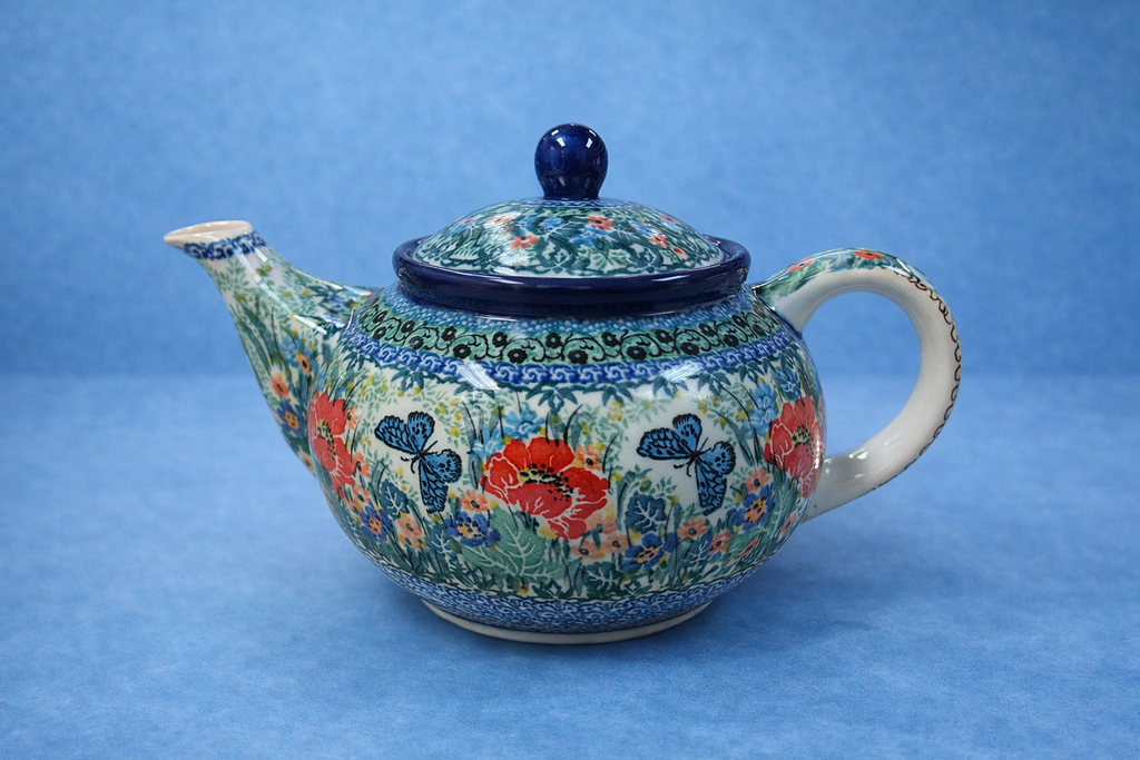 Polish Pottery Unikat 4553 Blue Butterfly Teapot