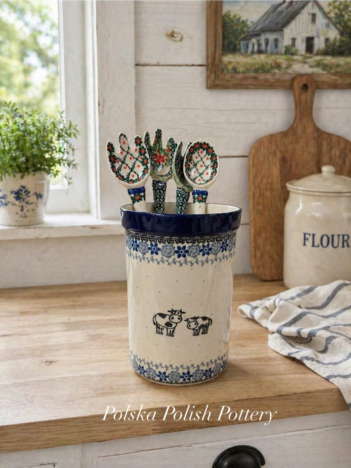 Polish Pottery Traditional Cow Utensil Holder