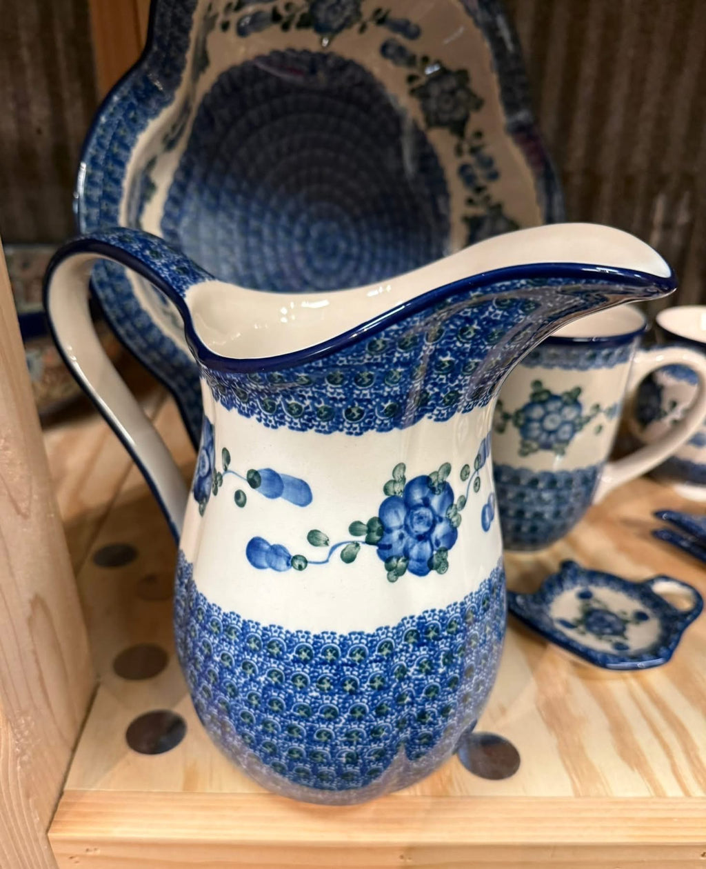Polish Pottery Pitcher - Traditional Blueberry Flower