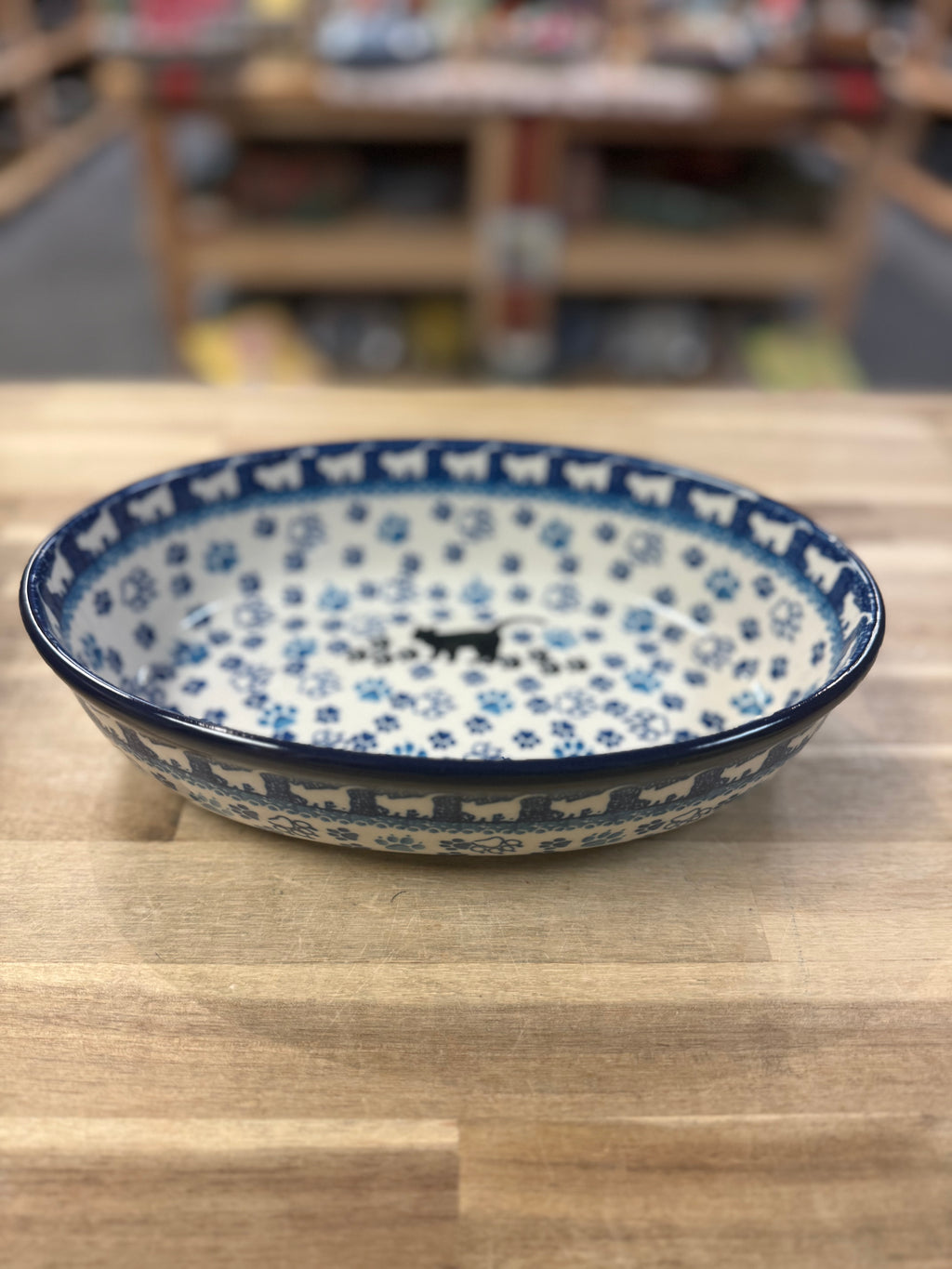 Polish Pottery Oval Baker - Traditional Black Cat