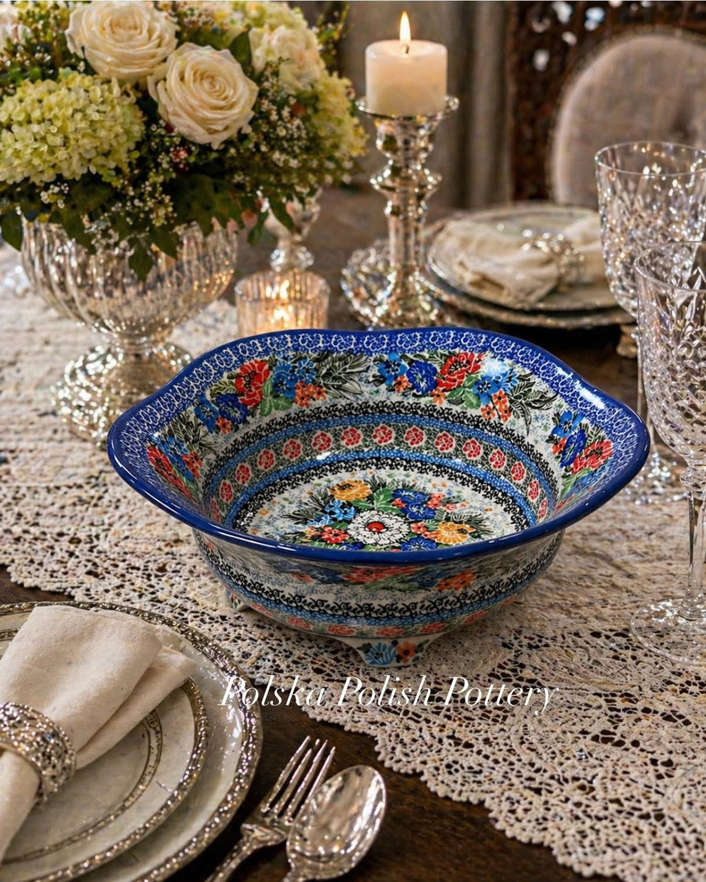 Polish Pottery Unikat 3939 Sculpted, Footed Bowl