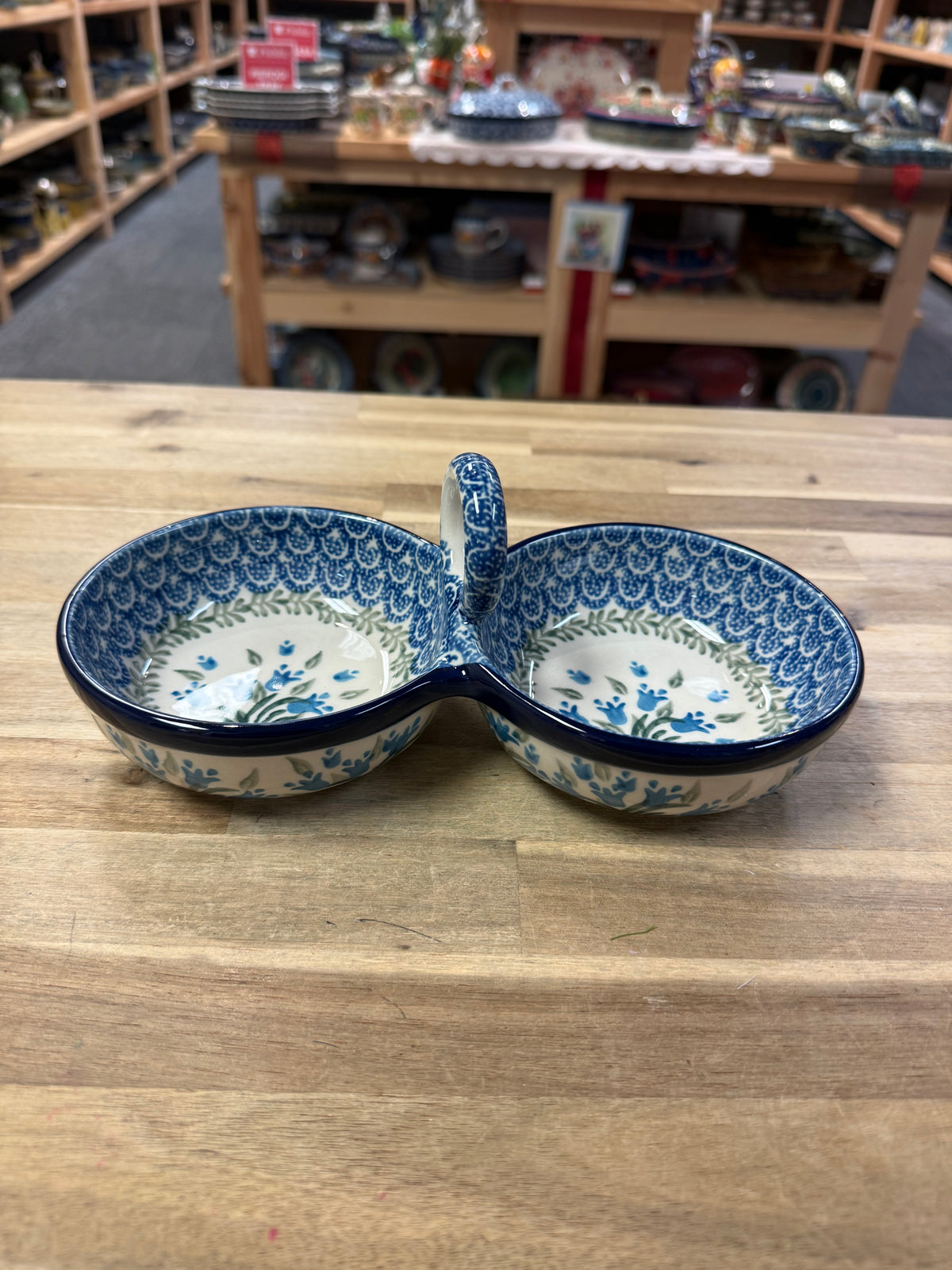 Polish Pottery Double Dish - Traditional Blue Tulips