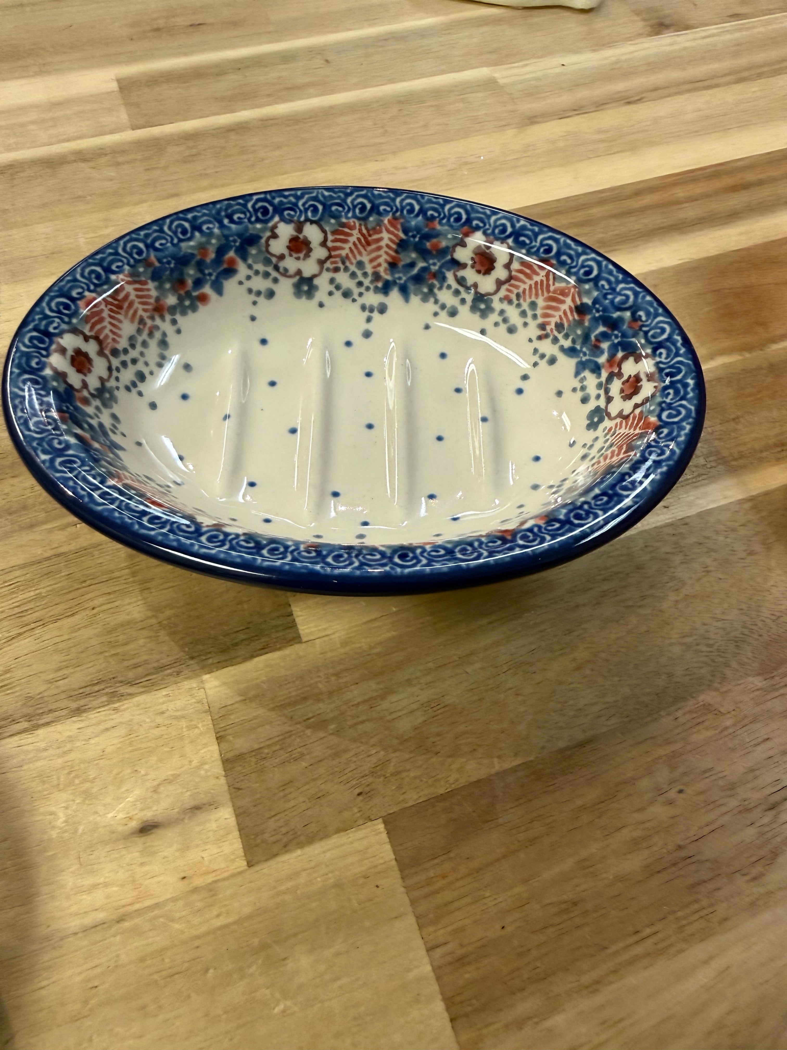 Polish Pottery Soap Dish - Traditional Red/White/Blue