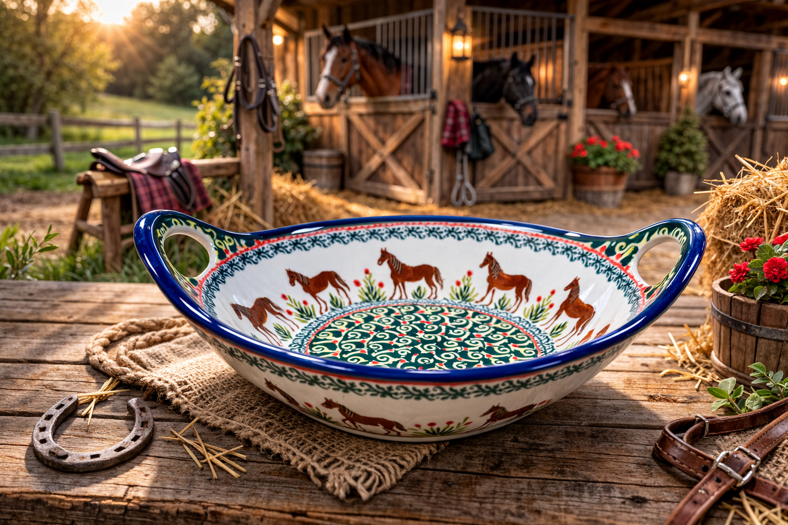 Polish Pottery Traditional(Horse) Zaklady Handled Bowl