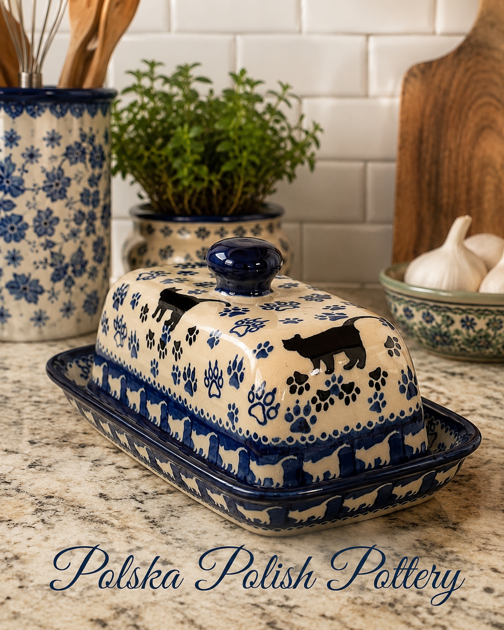 Polish Pottery Butter Dish - Unikat Black Cat