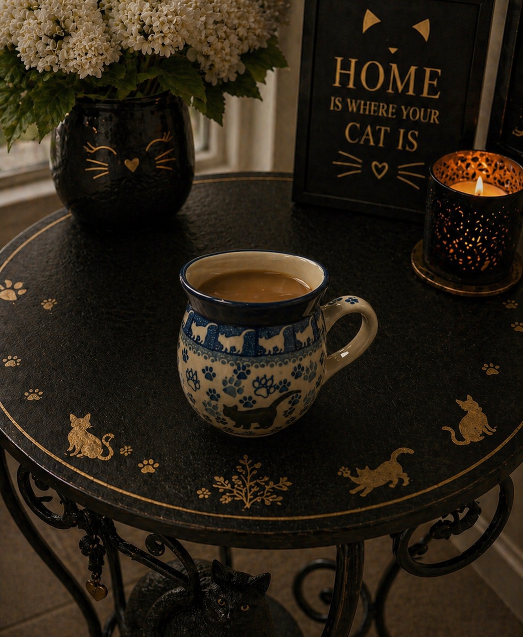 Polish Pottery Bubble Mug – Traditional Black Cat – 16 oz