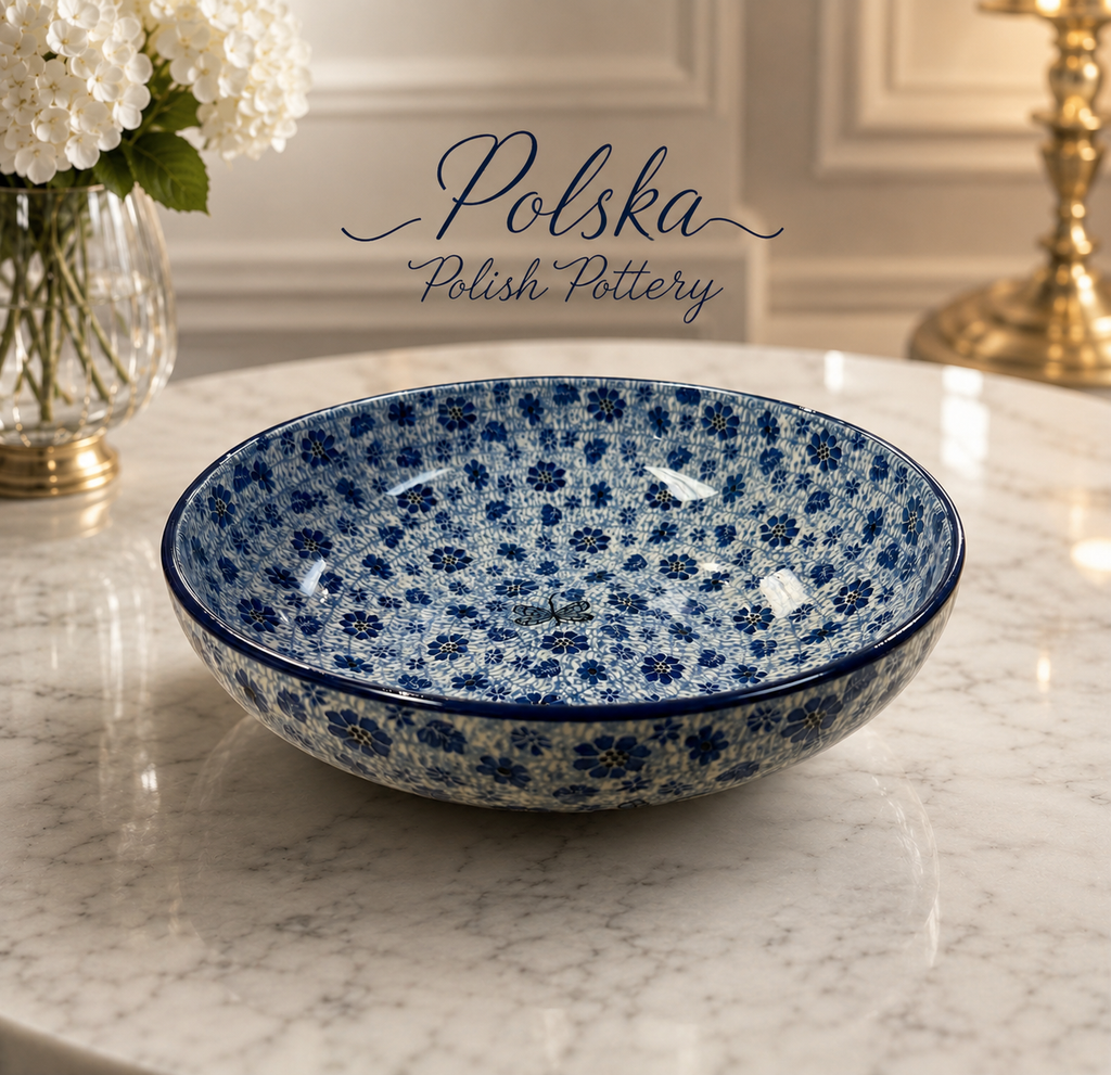 Polish Pottery Low Bowl - Traditional Blue Dragonfly