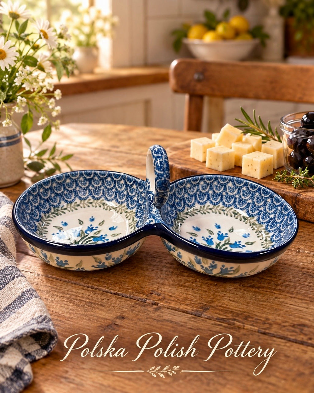 Polish Pottery Double Dish - Traditional Blue Tulips