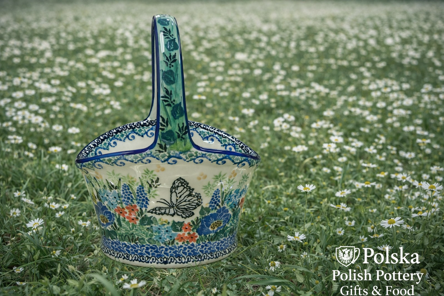 Polish Pottery Unikat 4600(Blue Butterfly) Basket