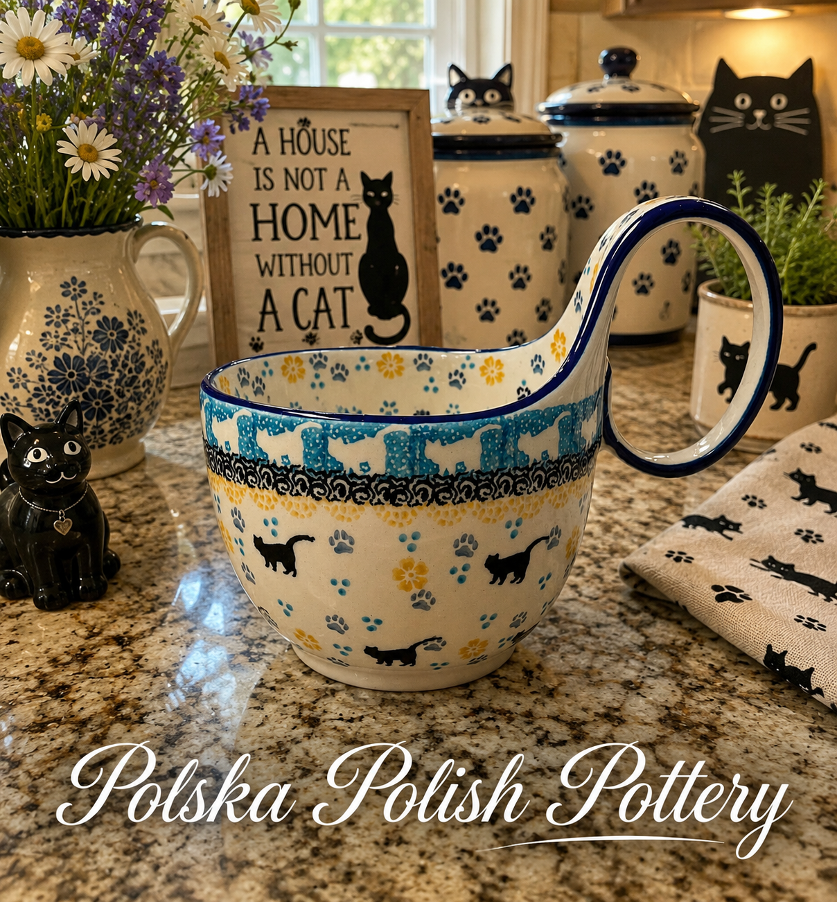 Polish Pottery Soup Mug - Traditional Multi Cat