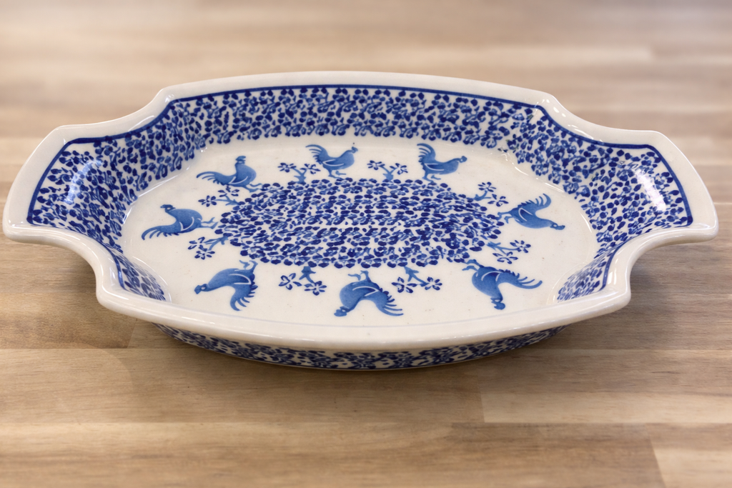 Polish Pottery Blue Rooster Pierogi Tray