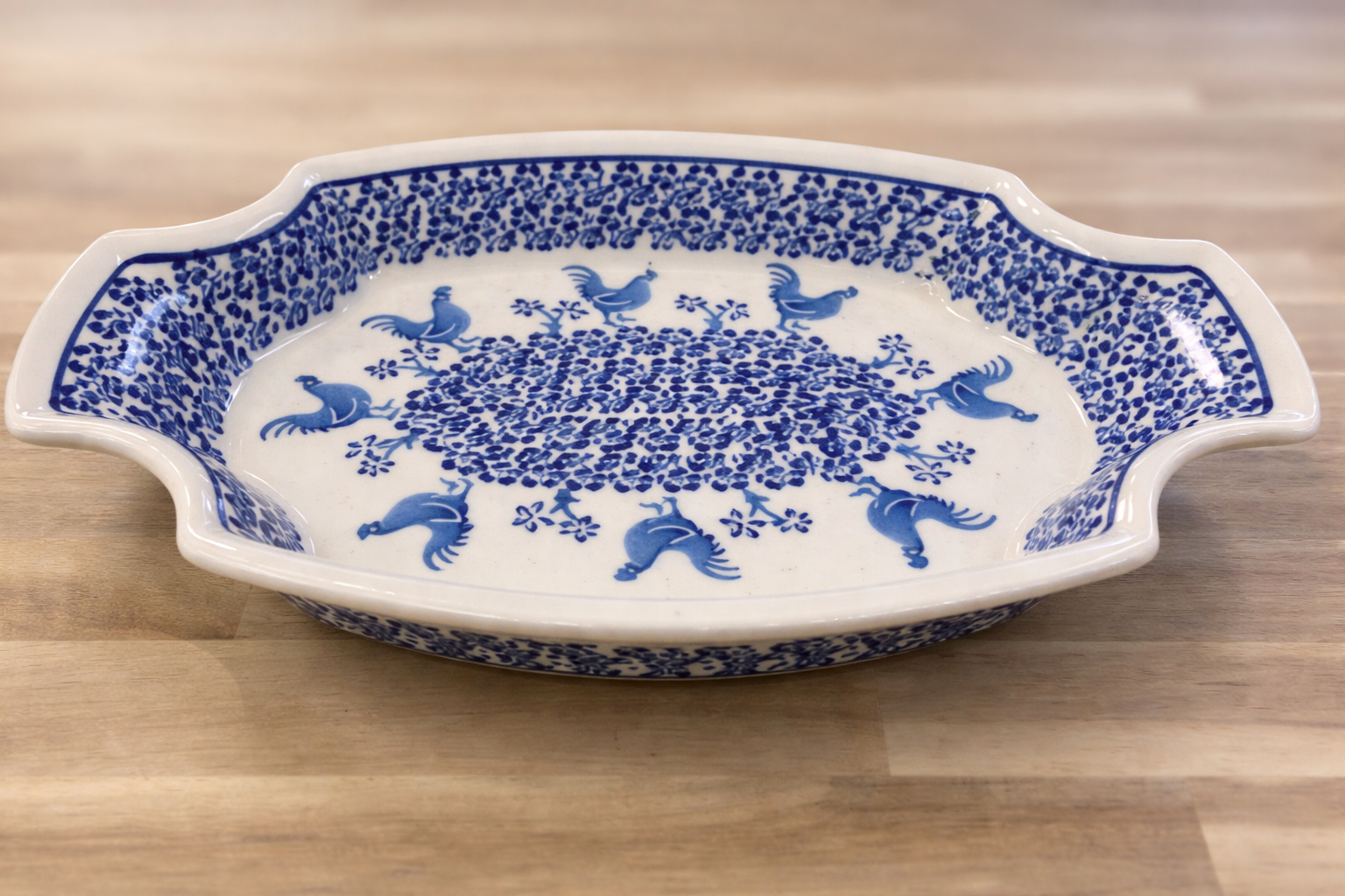 Polish Pottery Blue Rooster Pierogi Tray