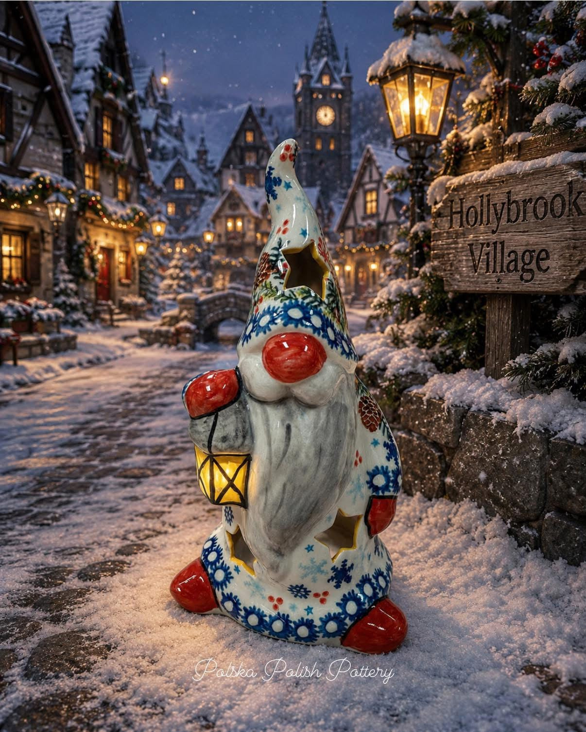 Polish Pottery Votive Gnome w/ Lantern
