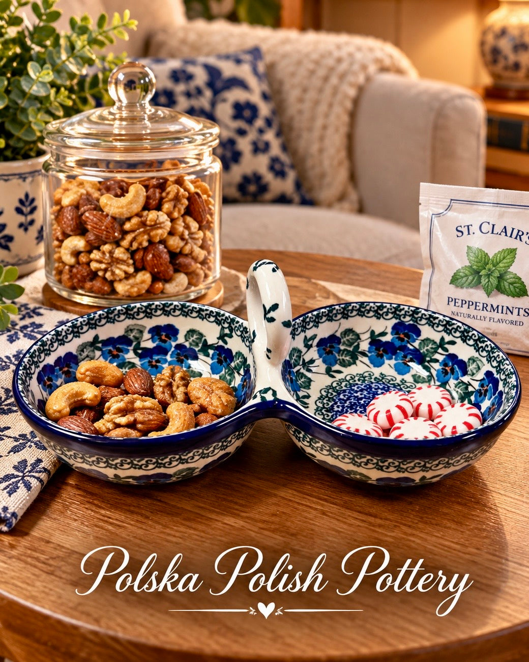 Polish Pottery Double Dish - Traditional Blue Pansy