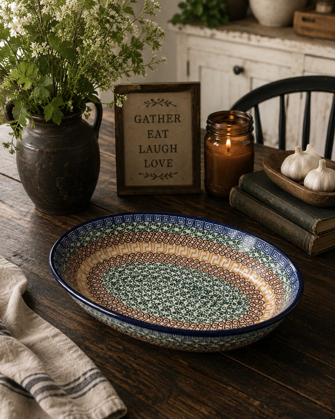 Polish Pottery Oval Baker - Traditional Multi