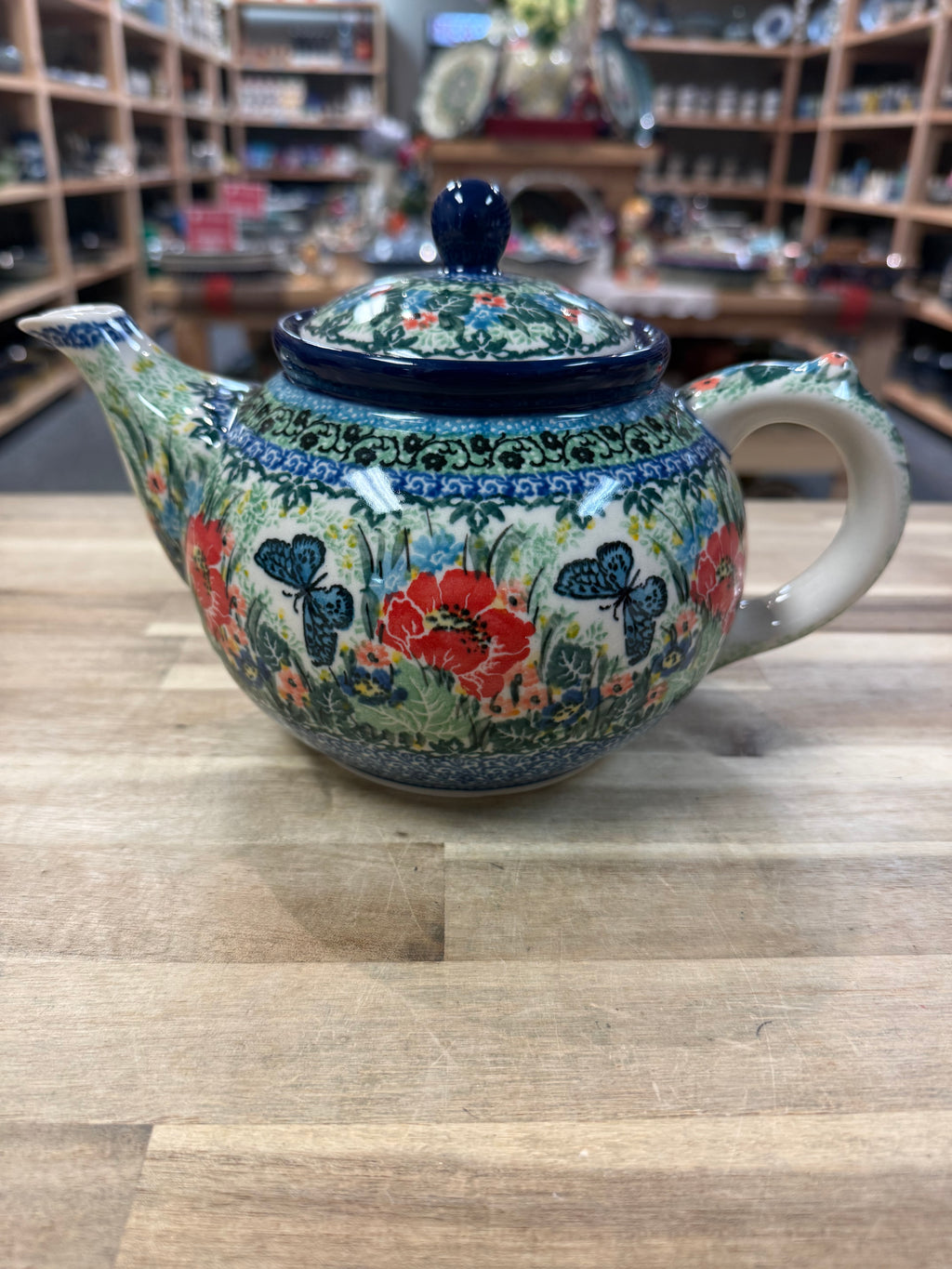 Polish Pottery Unikat 4553 Blue Butterfly Teapot