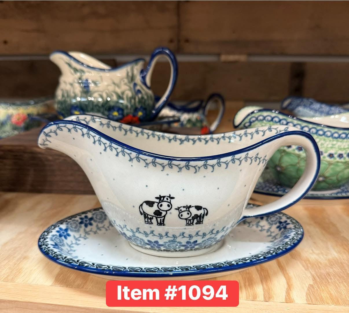 Polish Pottery Traditional Cow Pattern Gravy Boat