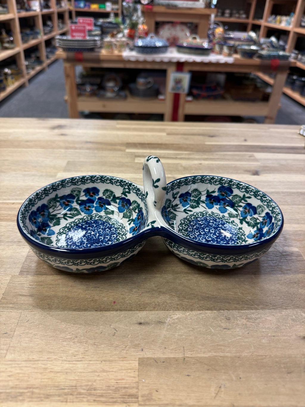 Polish Pottery Double Dish - Traditional Blue Pansy