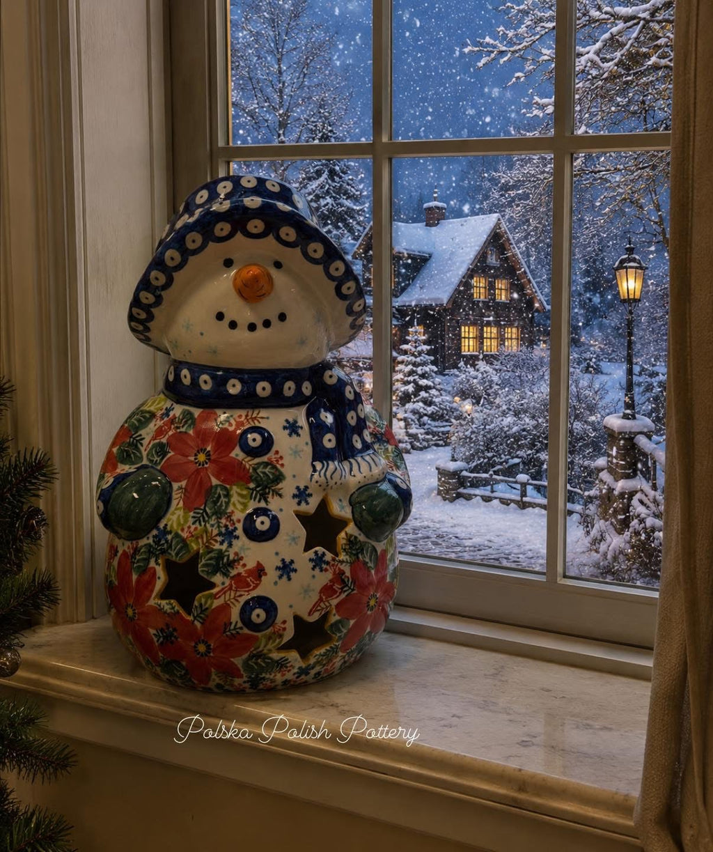 Polish Pottery Unikat Jumbo Luminarie Snowman (Hand Signed)