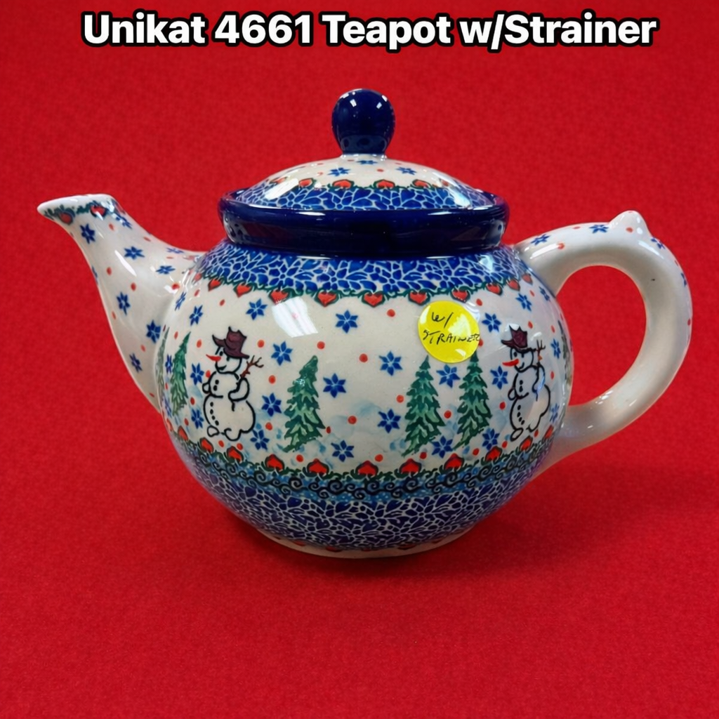Polish Pottery Unikat 4661 Snowman Teapot w/ Strainer