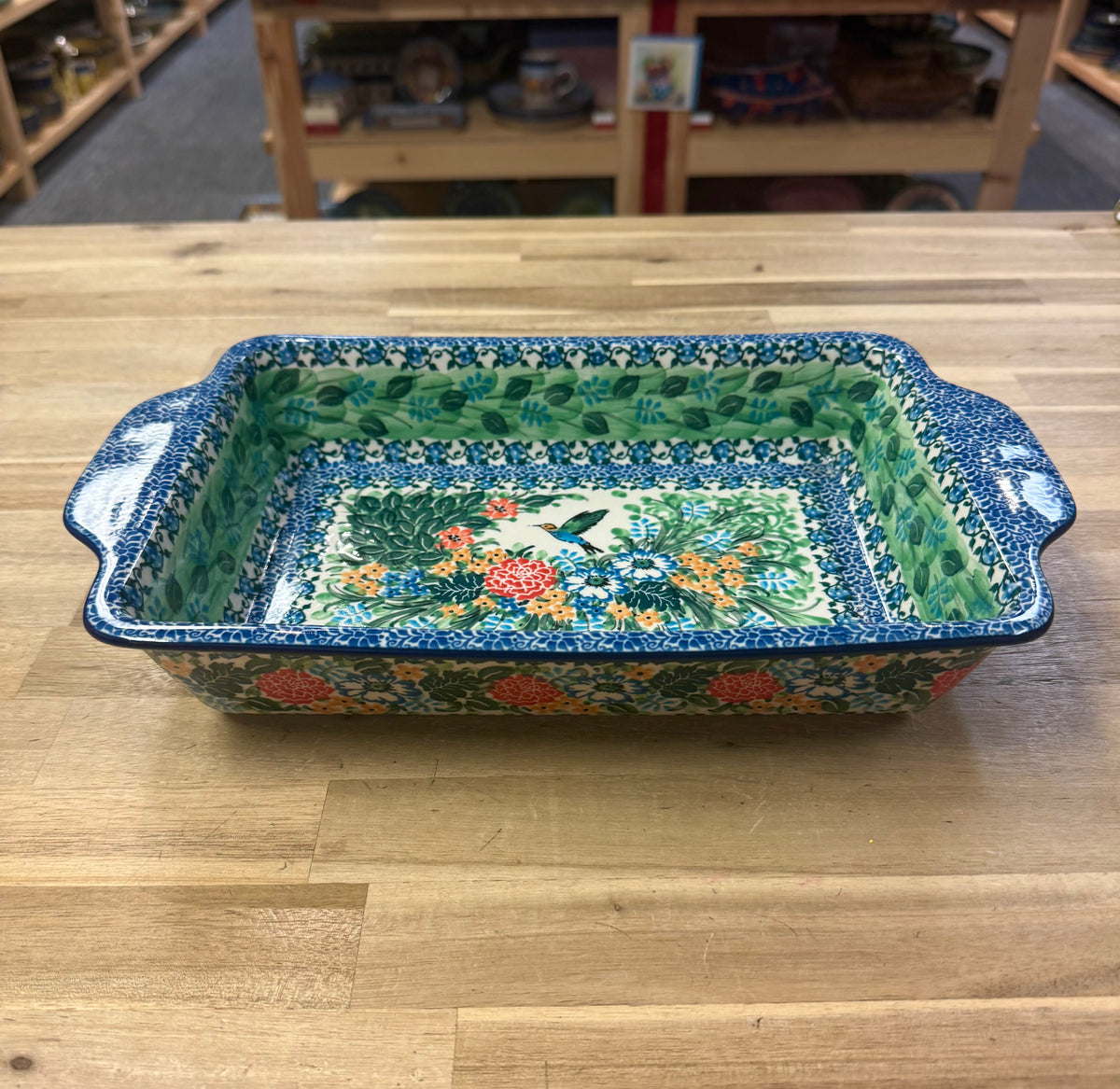 Polish Pottery Rectangle Baker - Unikat 3271 Hummingbird