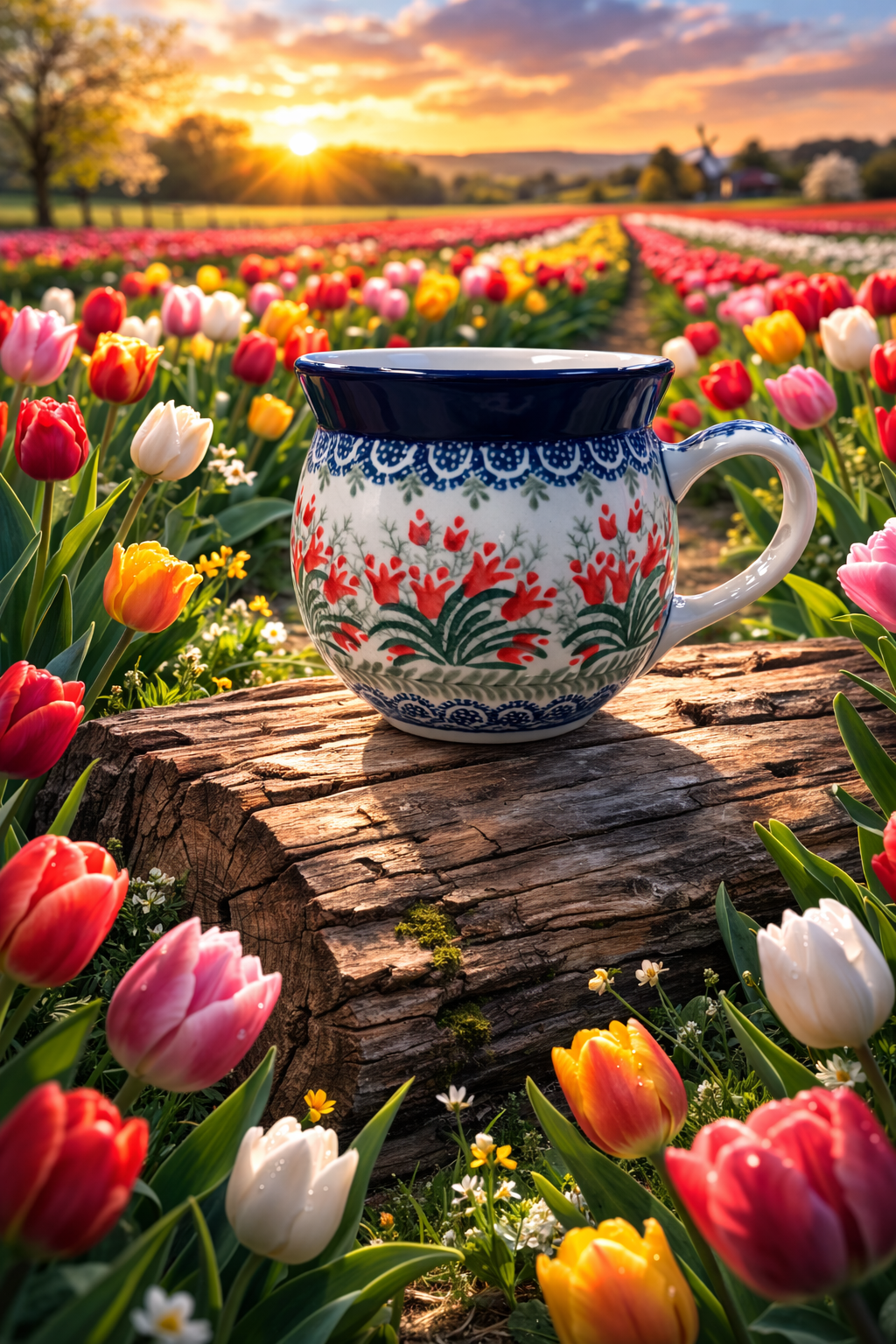 Polish Pottery Traditional(Red Tulips) Bubble Mug